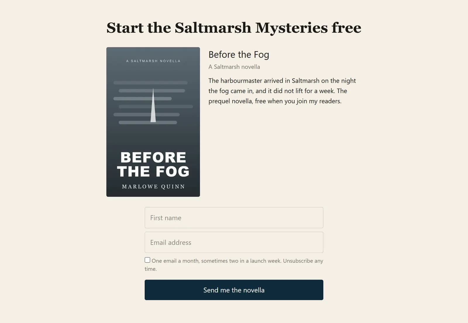 A signup page offering a free novella: a heading, the book cover beside a short description, then first name and email boxes and a Send me the novella button.