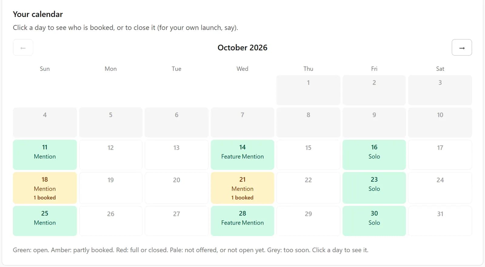 A swap calendar for October. Open days are green with the promo types offered, partly booked days are amber with one booked, and past days are grey.