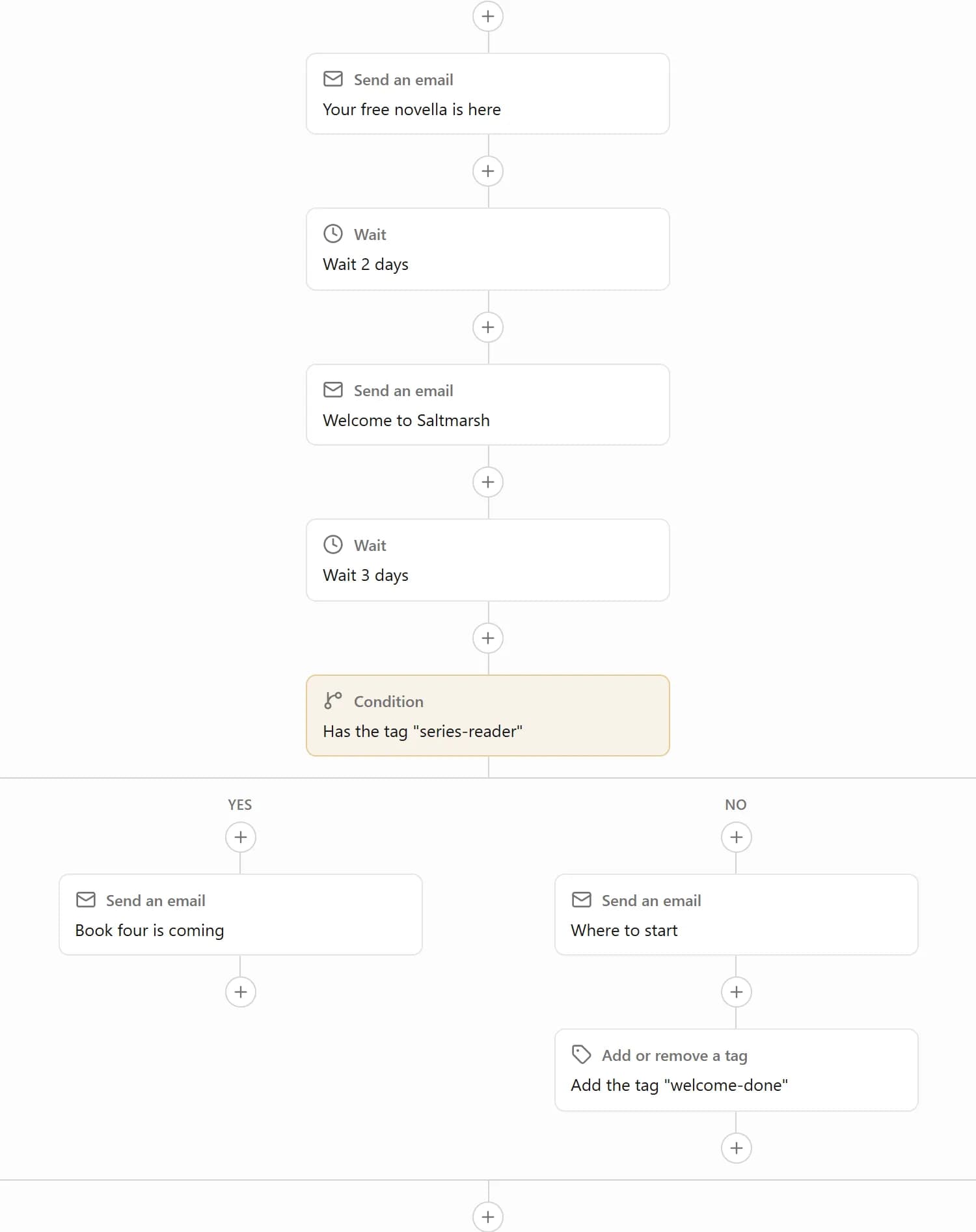 A welcome automation drawn as a flow chart: send an email, wait two days, send an email, wait three days, then a condition on a tag. Readers with the tag get one email; the rest get another and are tagged.