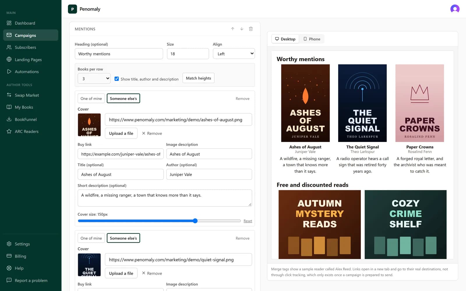The Penomaly newsletter editor. On the left, a Mentions block with three other authors’ books, a books-per-row setting and a Match heights button. On the right, the live preview showing the three covers in a row and two group promotion graphics below them.