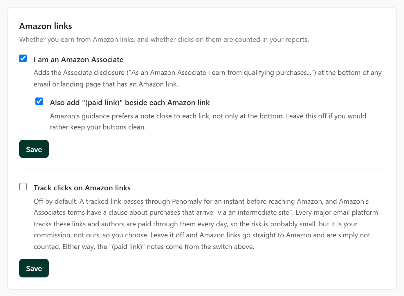 The Amazon links panel in Settings, with I am an Amazon Associate ticked, a Save button, and Track clicks on Amazon links below it