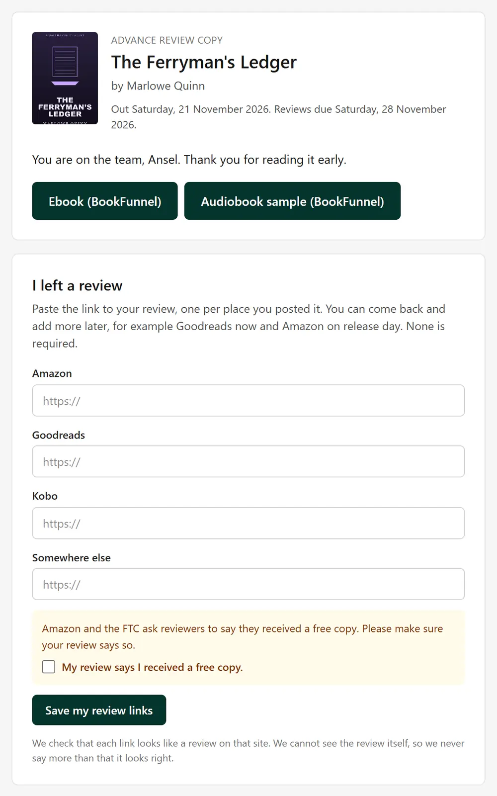 A reader's own ARC page: the book, two download buttons, and the I left a review form with a box per store and the tick box saying the review mentions a free copy