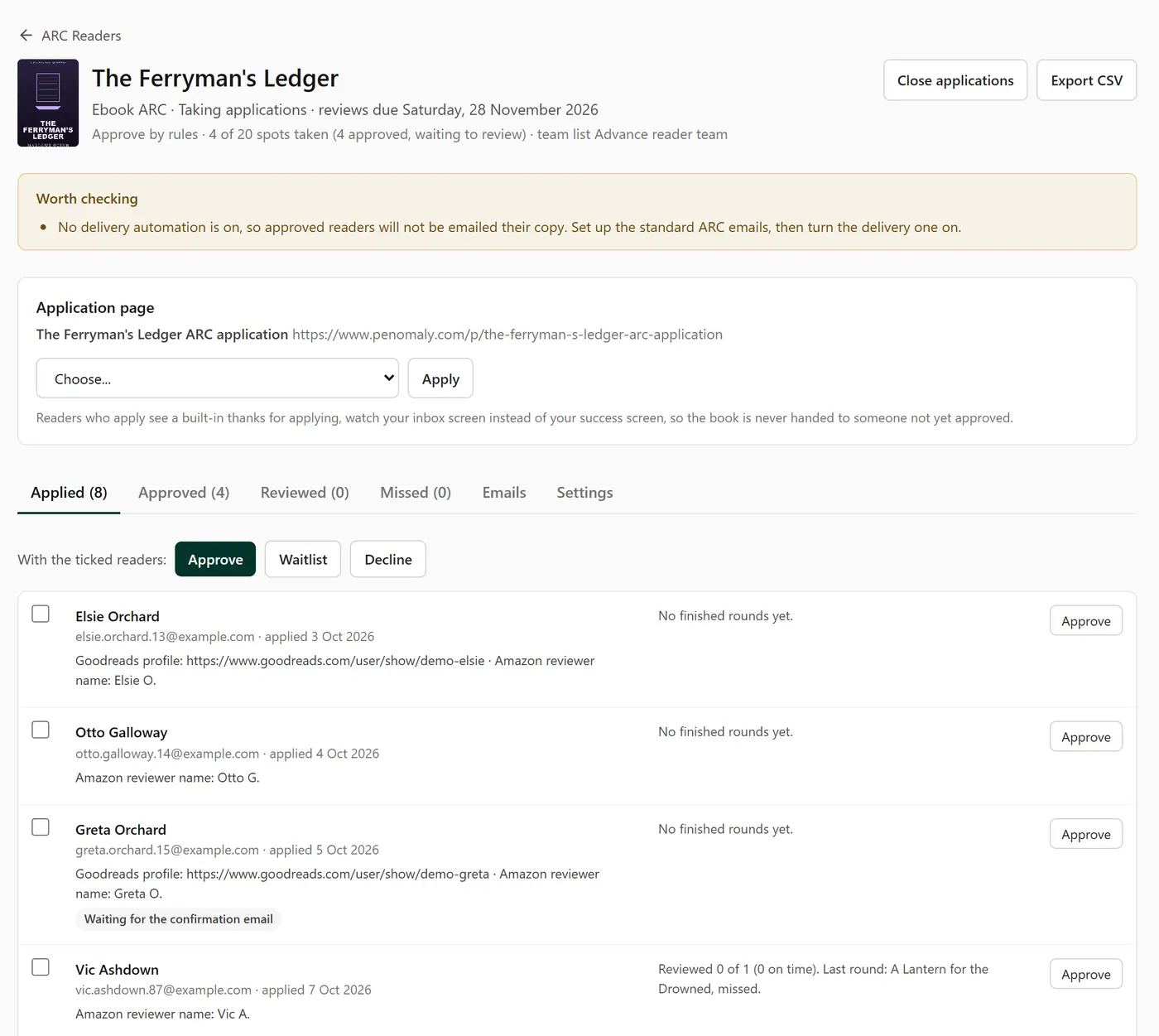 A round for The Ferryman's Ledger taking applications: its due date and spots, a Worth checking note, the attached application page, and the Applied tab listing applicants with their answers and their record on earlier rounds