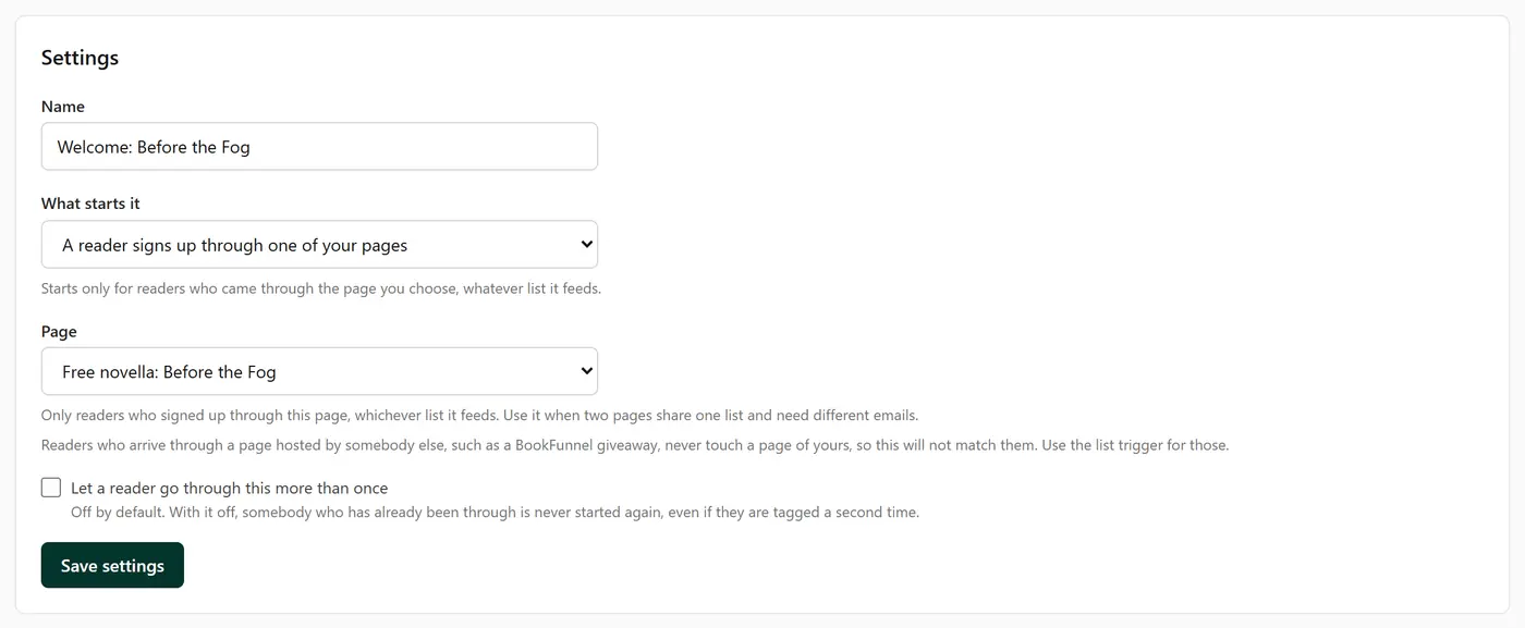 An automation's Settings panel, with What starts it set to A reader signs up through one of your pages and the page chosen below it