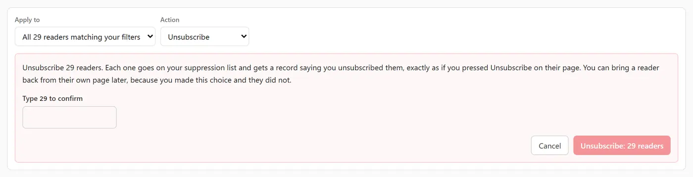 The confirmation after pressing Review for Unsubscribe: what will happen to the matching readers, a box to type their number, and the Unsubscribe button still locked