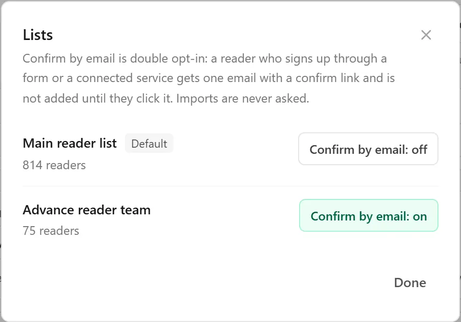 The Lists window on the Subscribers page: the main reader list with Confirm by email off, and the advance reader team with Confirm by email on