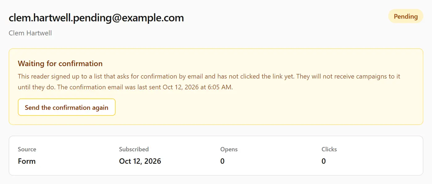 A pending reader's page: the Pending status, a Waiting for confirmation box saying when the email was last sent, and a Send the confirmation again button