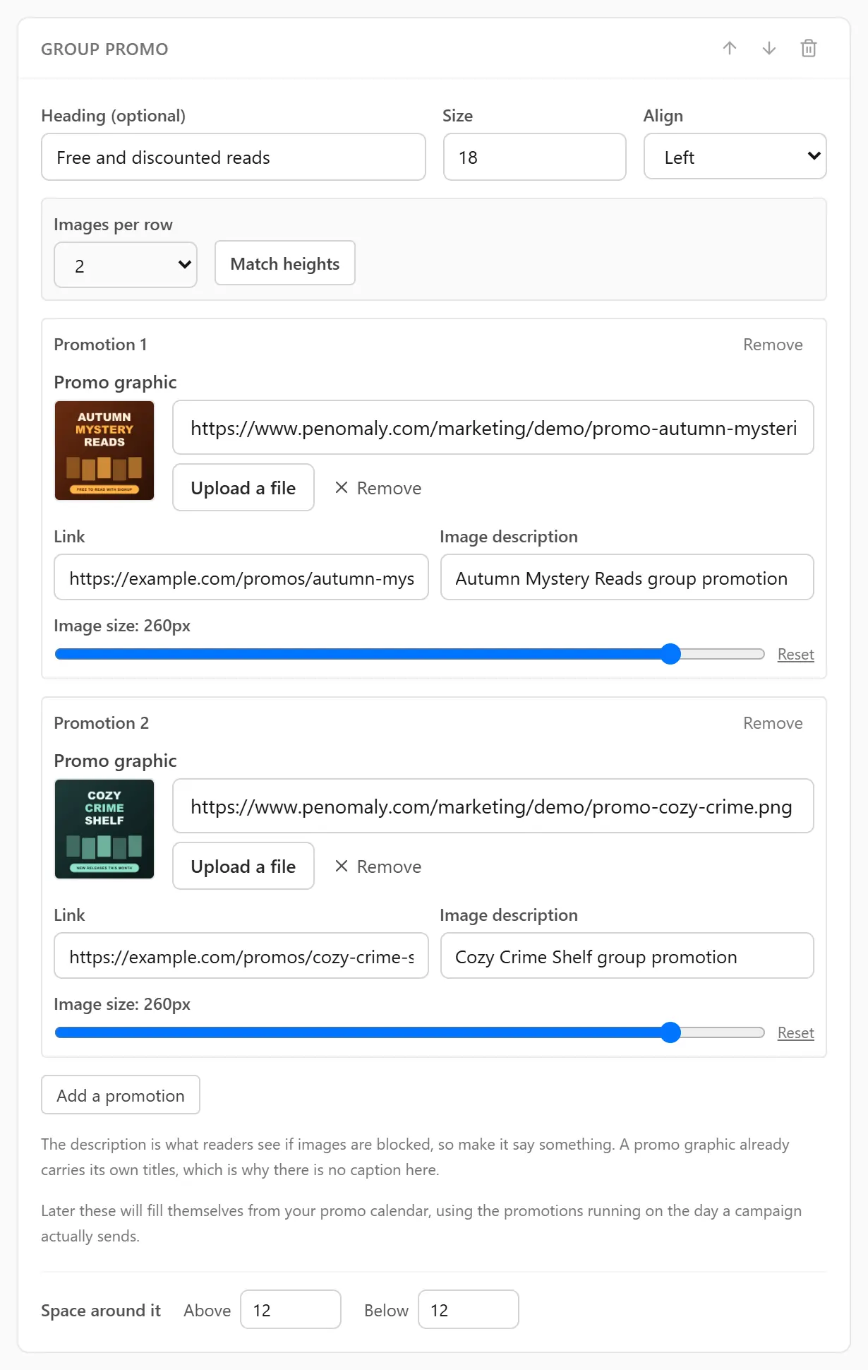 The Group promo block in the editor: heading, Images per row, Match heights, and two promotions each with a promo graphic, a link, an image description and an Image size slider