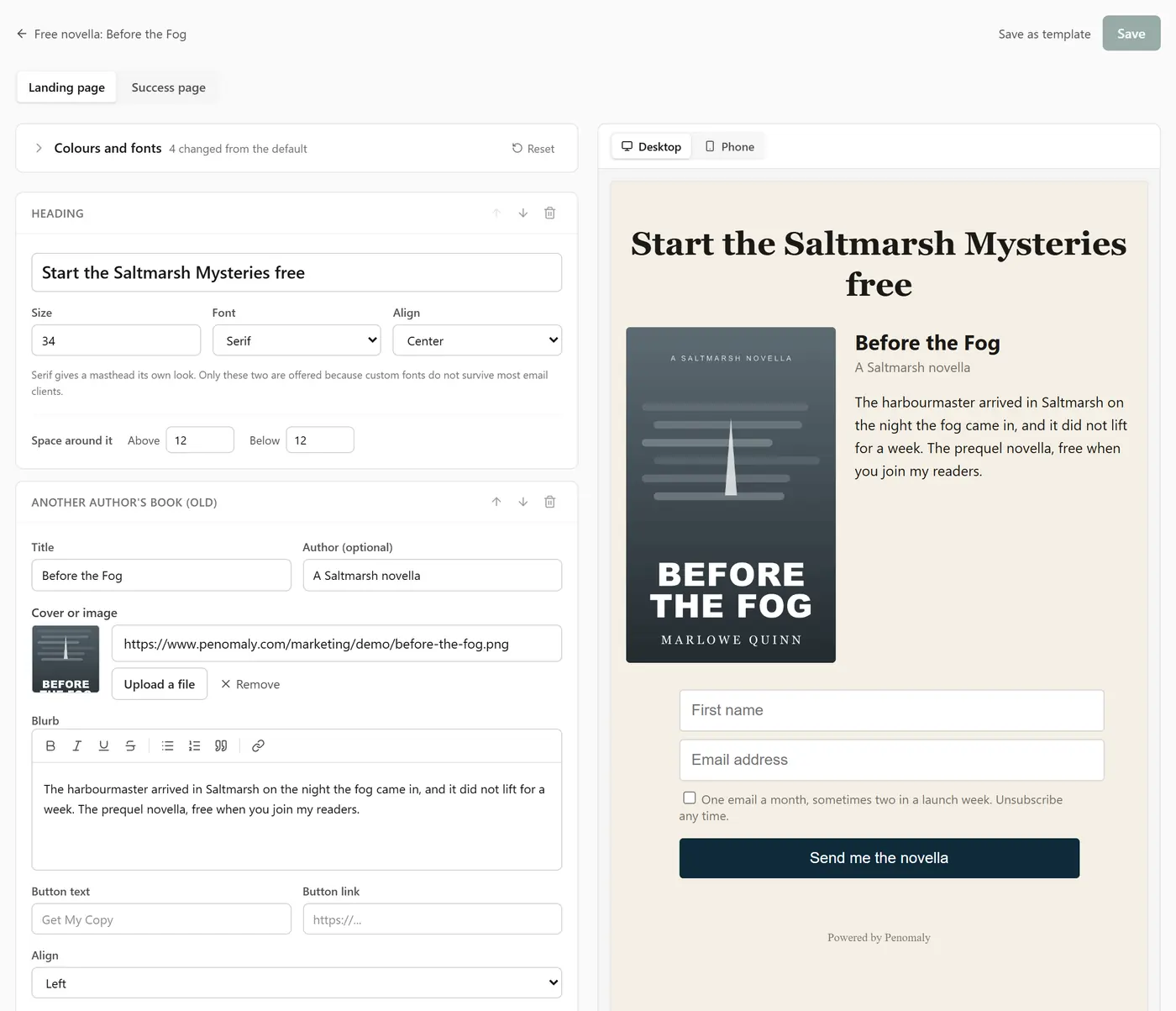 The page editor: the Landing page and Success page tabs, the blocks down the left, and a live preview of the page with its signup form on the right