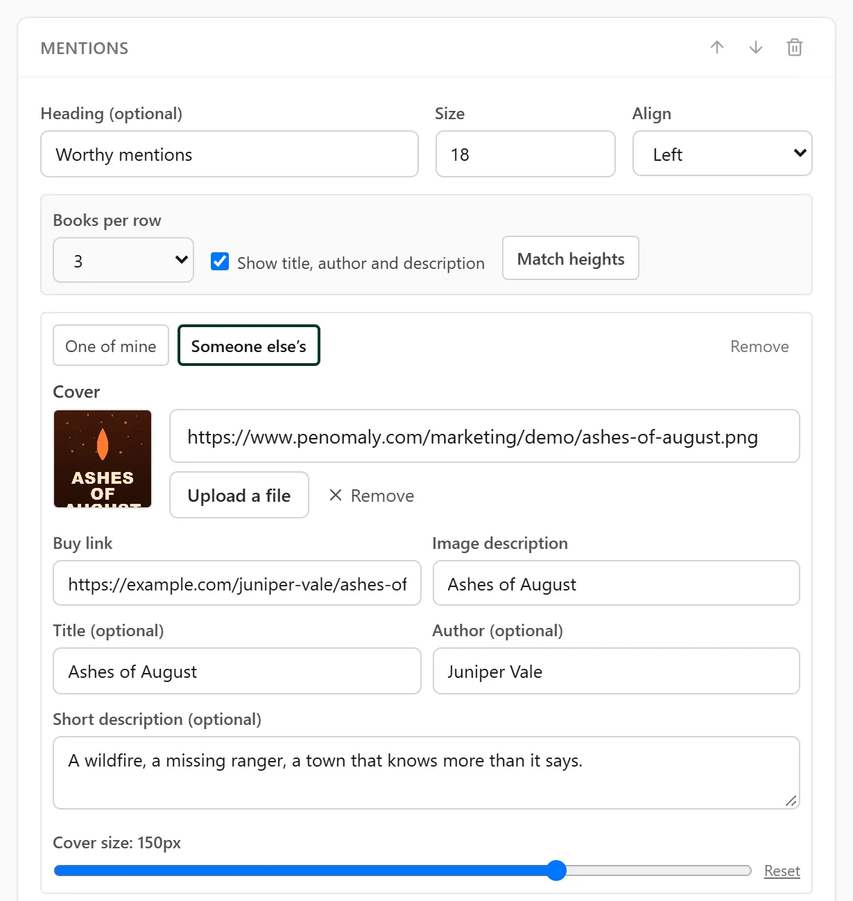 The Mentions block in the editor: heading, Books per row, Show title, author and description, Match heights, and one book with its cover, buy link, image description, title, author, short description and Cover size slider