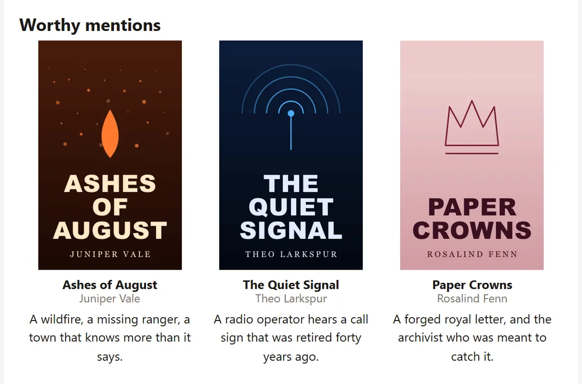 Three book covers in a row in an email under the heading Worthy mentions, each with its title, author and a one line description