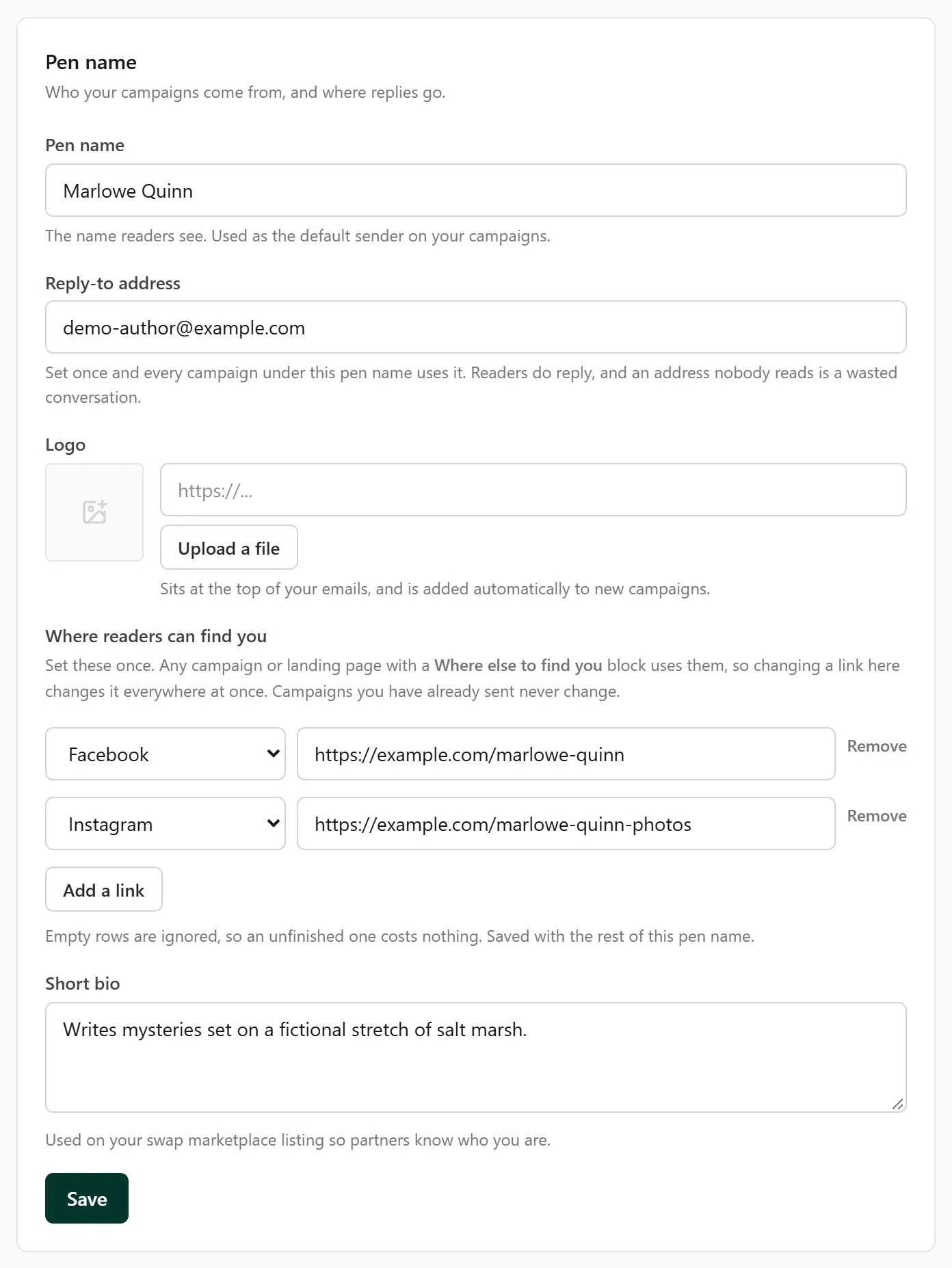 The Pen name panel in Settings: the pen name, the reply-to address, a logo, where readers can find you, and a short bio