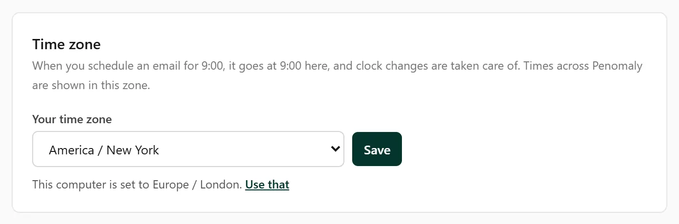 The Time zone panel in Settings, with America / New York chosen, a Save button, and a line offering the zone this computer is set to